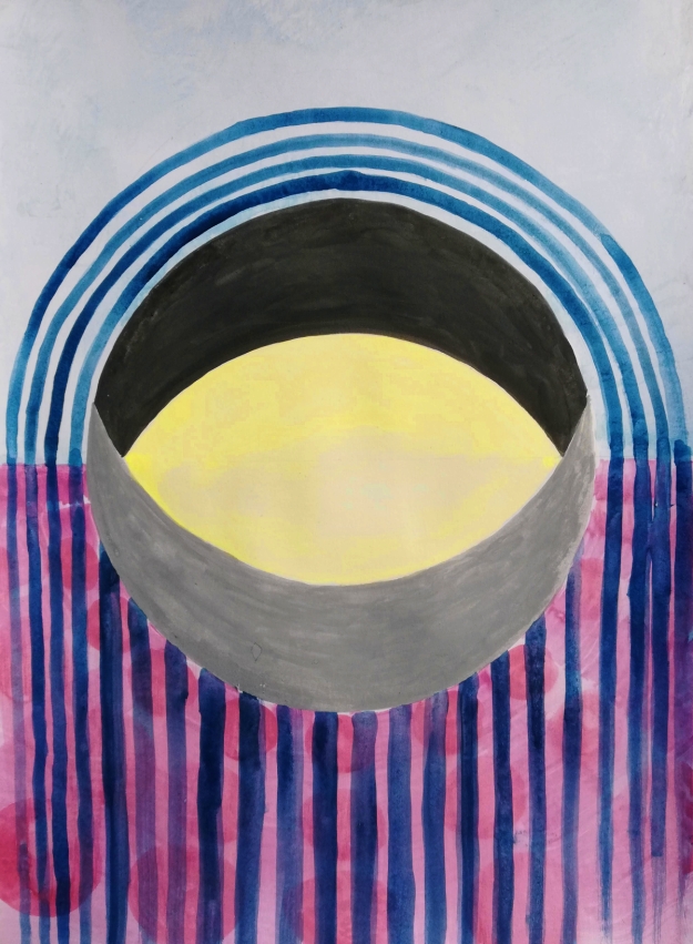 Water colour drawing - stripes of blue arch over a two colour background of pale blue and deep pink. cental in the image is a shallow cylinder with a yellow bottom and grey walls. 